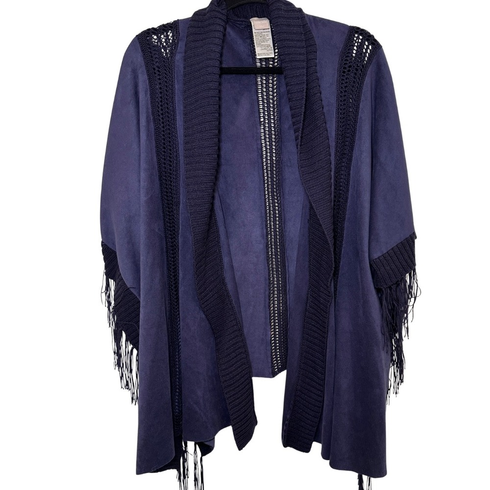 Chico's Faux Suede Fringe Poncho Cardigan Kimono Navy Blue One Size S M L XL XXL